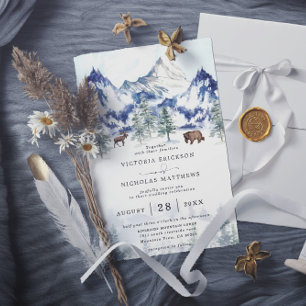 Rustic Mountain Forest Tree Budget QR Code Wedding Invitation