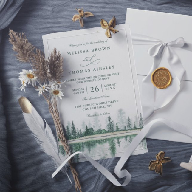 Rustic Mountain Forest Watercolor QR Code Wedding Invitation (Creator Uploaded)