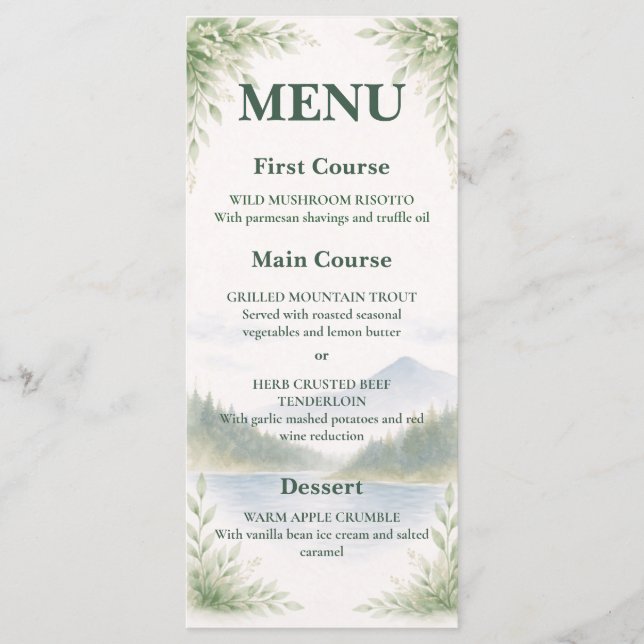 Rustic Mountain Forest Watercolor Wedding Menu (Front)