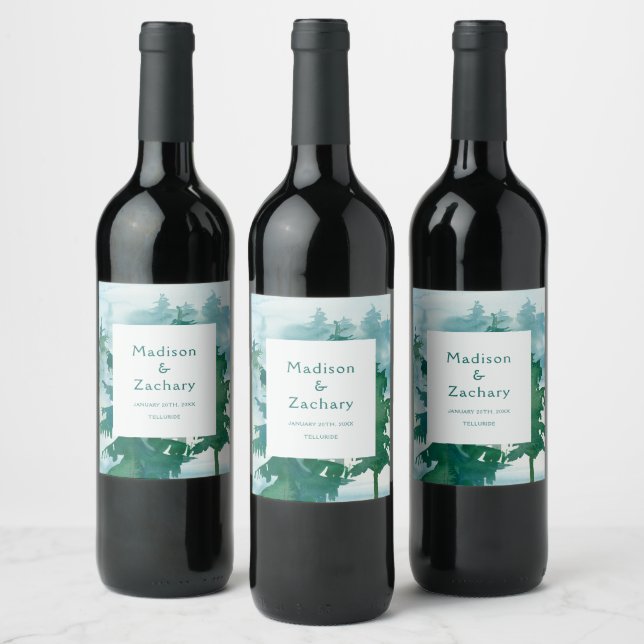 Rustic Mountain Forest Watercolor Wedding Wine Label (Bottles)