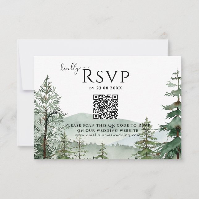 Rustic Mountain Forest Wedding QR code RSVP Card (Front)