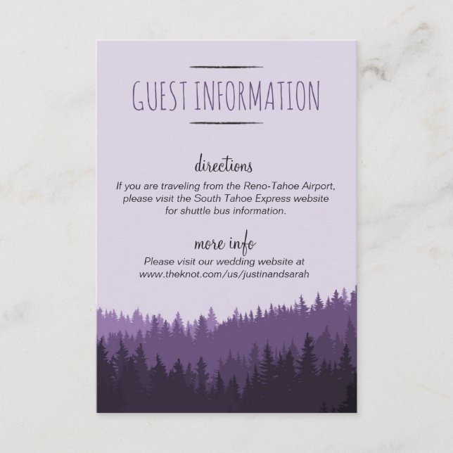 Rustic Mountain Guest Info Card in purple (Front)