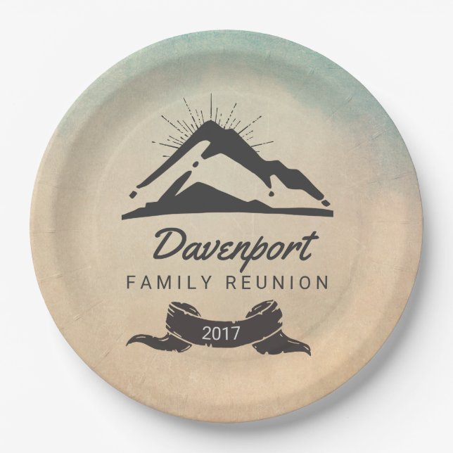 Rustic Mountain Illustration Family Reunion Paper Plate (Front)