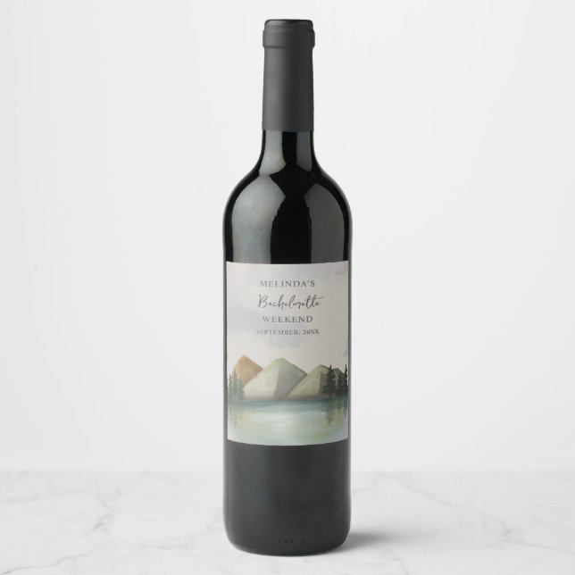 Rustic Mountain & Lake Bachelorette Weekend Wine Label (Front)