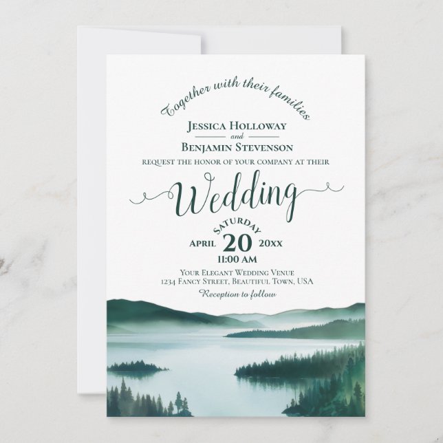 Rustic Mountain Lake Elegant Calligraphy Wedding Invitation (Front)