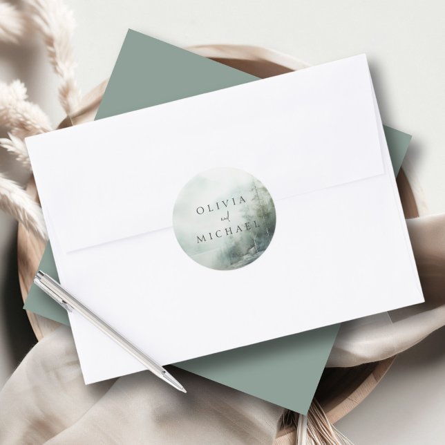 Rustic Mountain Lake Misty Pines Wedding Classic Round Sticker (Creator Uploaded)