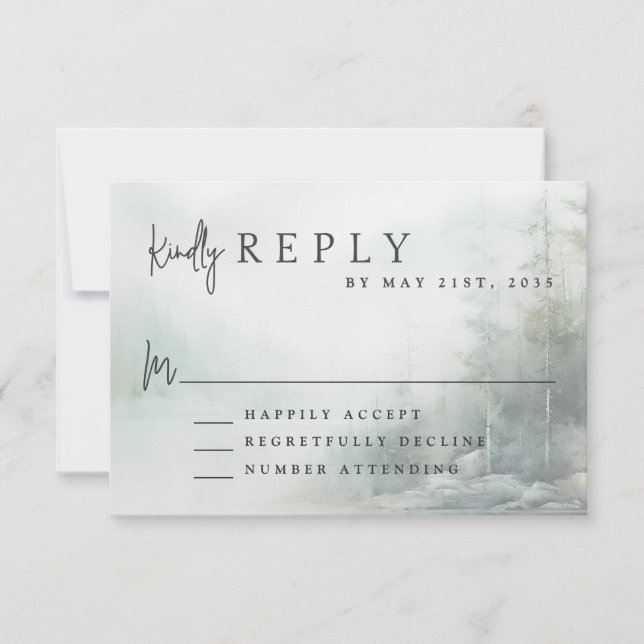 Rustic Mountain Lake Modern Wedding RSVP Card (Front)