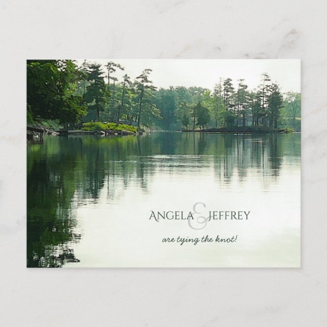 Rustic mountain lake reflection save the date announcement postcard (Front)