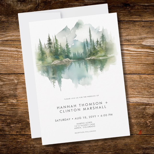 Rustic Mountain Lake Scene Watercolor Wedding Invitation (Rustic Mountain Lake Scene Watercolor Wedding Invitation)