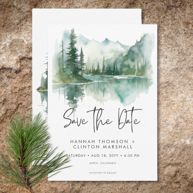 Rustic Mountain Lake Scene Watercolor Wedding Save The Date (Rustic Mountain Lake Scene Watercolor Wedding Save The Date)