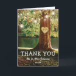 Rustic Mountain Lake Thank You Card<br><div class="desc">Rustic tree wedding thank you cards featuring a romantic woodland & lake setting with a red berry tree, carved love heart with your initials, string twinkle lights, and a thank you template.</div>