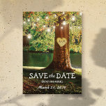 Rustic Mountain Lake Twinkle Lights Save the Date Announcement Postcard<br><div class="desc">Spring tree save the date postcards featuring a romantic woodland & lakefront setting with a red berry tree,  carved love heart with your initials,  string twinkle lights and a modern save the date template.</div>