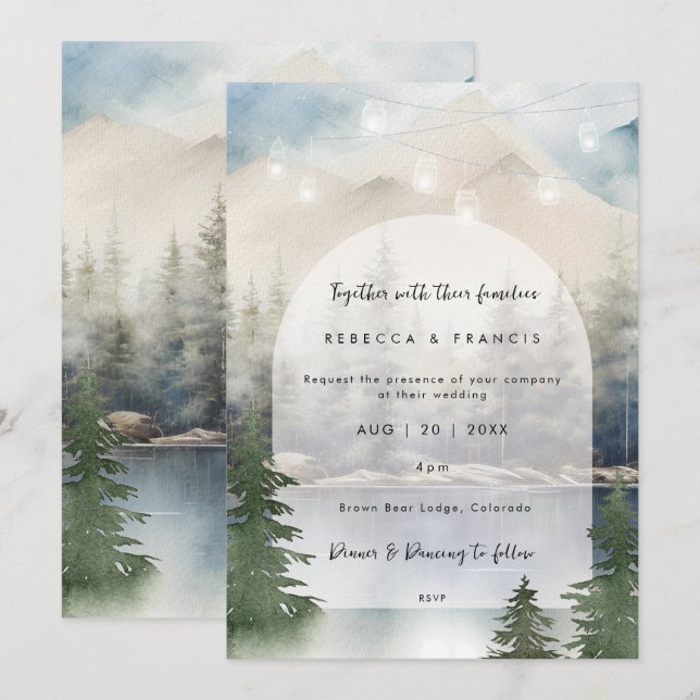 rustic mountain lake wedding invitation (Front/Back)