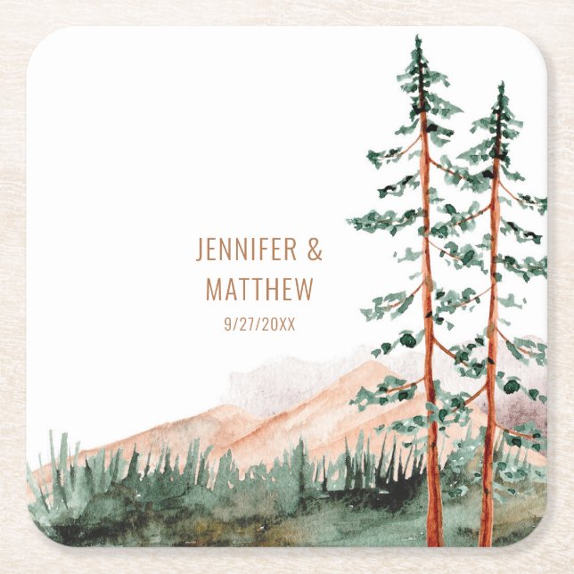 Rustic Mountain Landscape, Fog, Pine Trees Wedding Square Paper Coaster (Front)