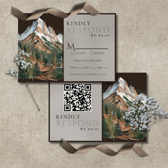 Rustic Mountain Landscape Watercolor Wedding QR  RSVP Card (Rustic Mountain Landscape Watercolor Wedding QR RSVP Card)