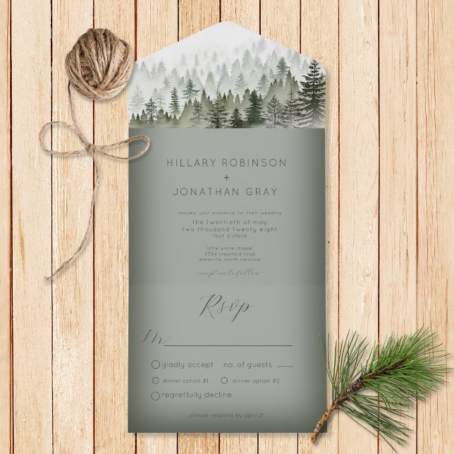 Rustic Mountain Mist Forest Green Dinner All In One Invitation (Also available with a QR code or without dinner selection options.)