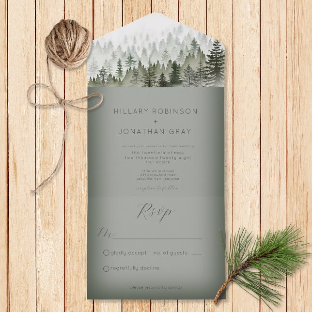 Rustic Mountain Mist Forest Green No Dinner All In One Invitation (Also available with a QR code or with dinner selection options.)