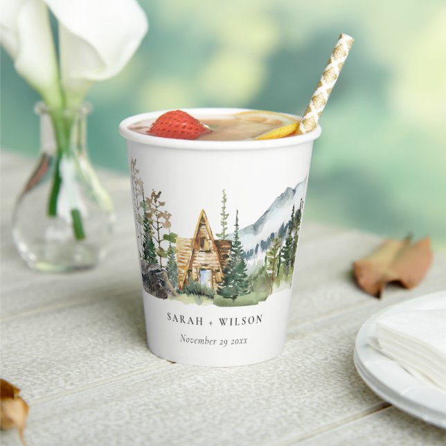 Rustic Mountain Pine Forest Wood Cabin Wedding Paper Cups (Insitu)