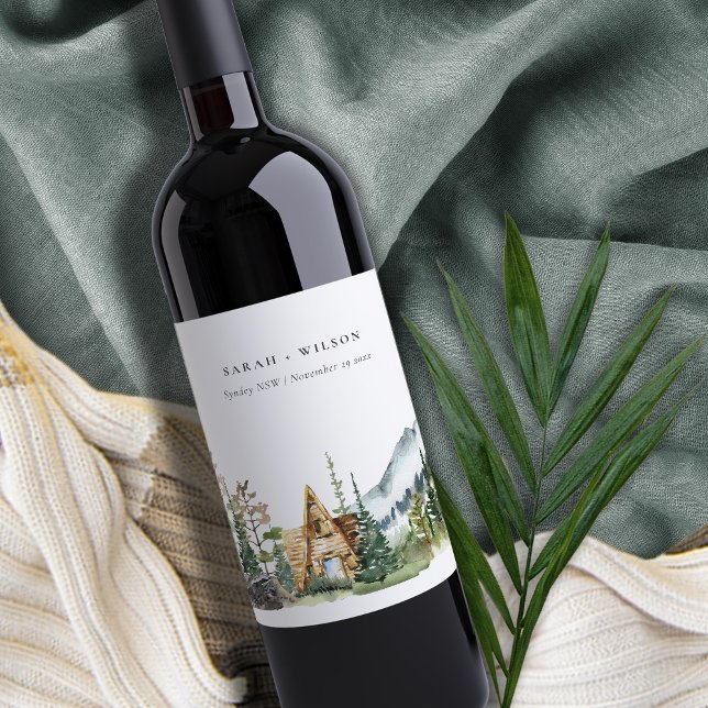 Rustic Mountain Pine Forest Wood Cabin Wedding Wine Label (Creator Uploaded)