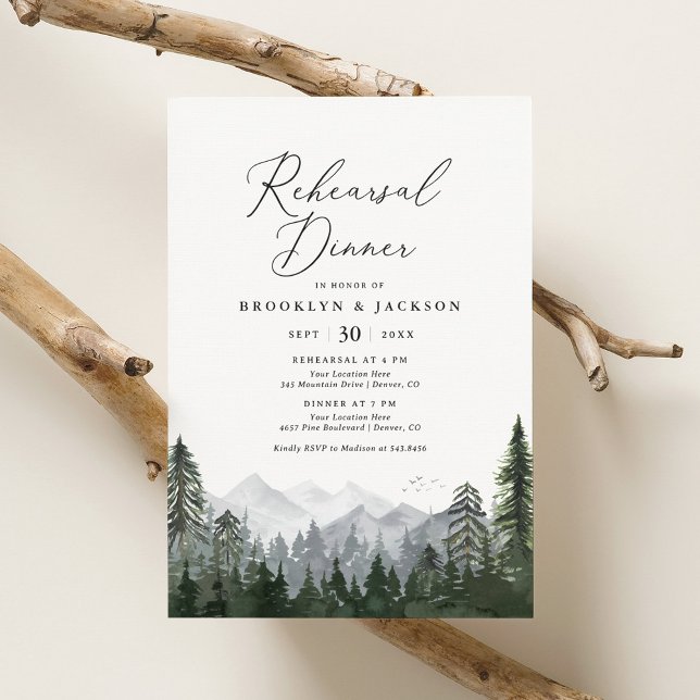  Rustic Mountain Pine Tree Rehearsal Dinner Invitation (Creator Uploaded)