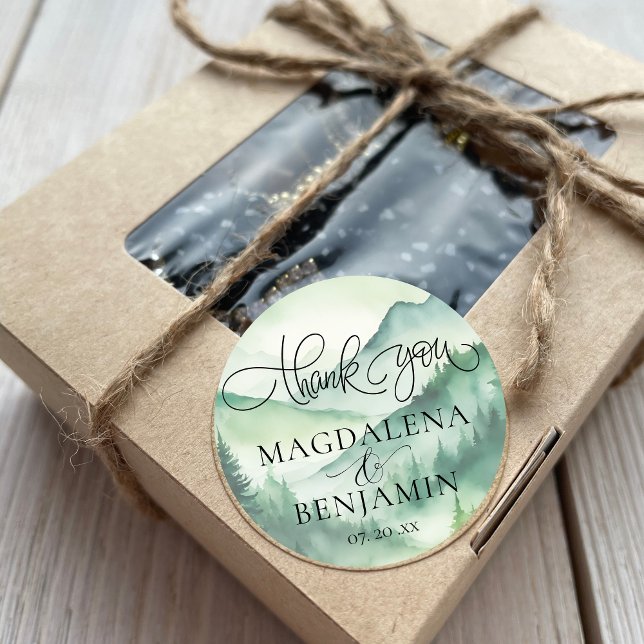 Rustic Mountain Pine Trees Calligraphy Thank You Classic Round Sticker (Creator Uploaded)