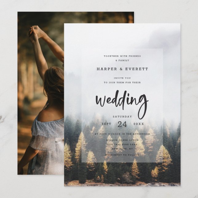 Rustic Mountain Pine Trees Fall Forest Wedding Invitation (Front/Back)