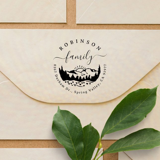 Rustic Mountain Pine Trees Family Return Address Rubber Stamp (Creator Uploaded)