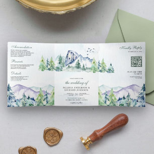 Rustic Mountain Pine Trees Forest QR Code Wedding Tri-Fold Invitation