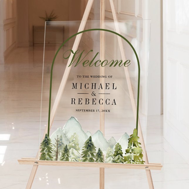 Rustic Mountain Pine Trees Wedding Welcome Acrylic Sign (Creator Uploaded)