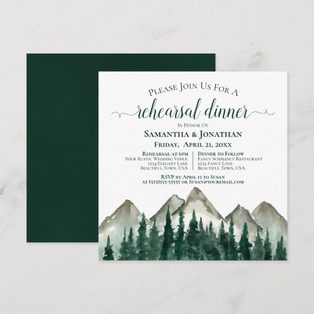 Rustic Mountain & Pine Wedding Rehearsal & Dinner Invitation (Front/Back)