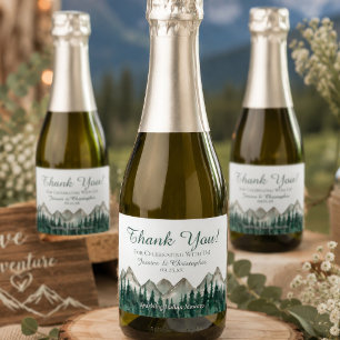 Rustic Mountain & Pine Wedding Thank You Mini Sparkling Wine Label