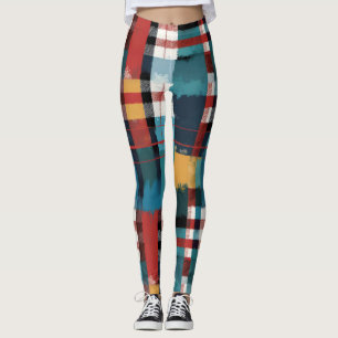 Rustic Mountain Plaid in Teal Yellow White and Red Leggings