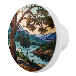 Rustic mountain range landscape stain glass  ceramic knob