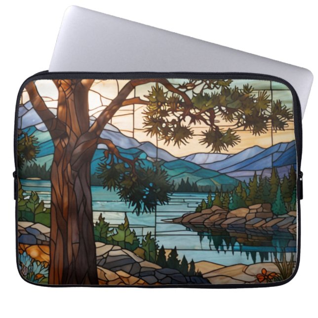 Rustic mountain range landscape stain glass  laptop sleeve (Front)