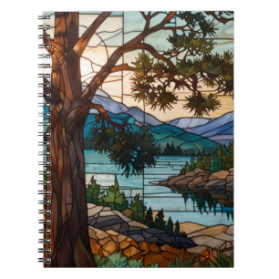 Rustic mountain range landscape stain glass notebook