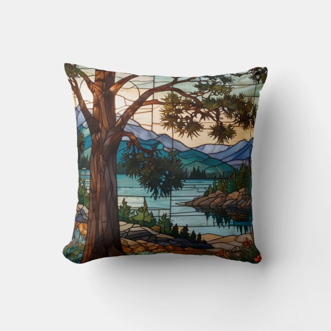 Rustic mountain range landscape stain glass  throw pillow (Front)