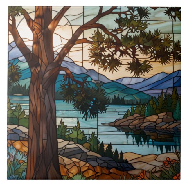 Rustic mountain range landscape stain glass  tile (Front)