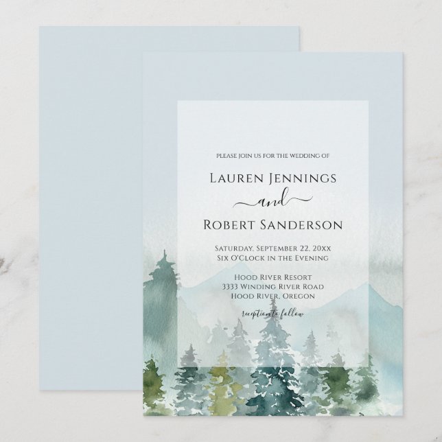 Rustic Mountain Sage Pine Tree Wedding Invitation (Front/Back)