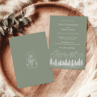 Rustic Mountain Sketch Pine Sage Green Wedding Invitation
