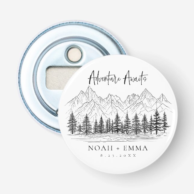 Rustic Mountain Sketch Woodland Pine Wedding Bottle Opener (Front)
