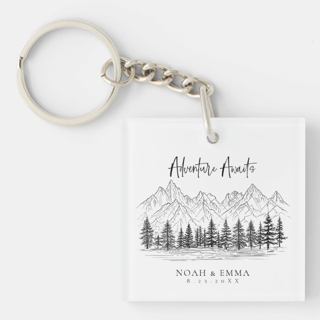 Rustic Mountain Sketch Woodland Pine Wedding Keychain (Front)