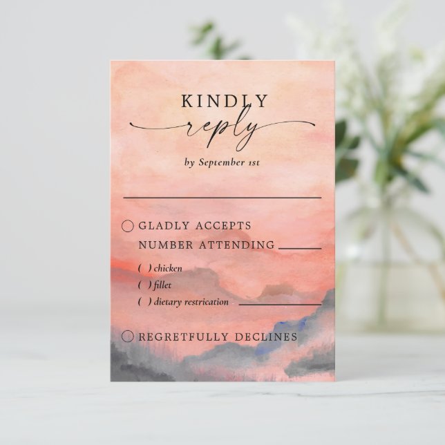 Rustic Mountain Sunset Watercolor Meal Choice RSVP Card (Standing Front)