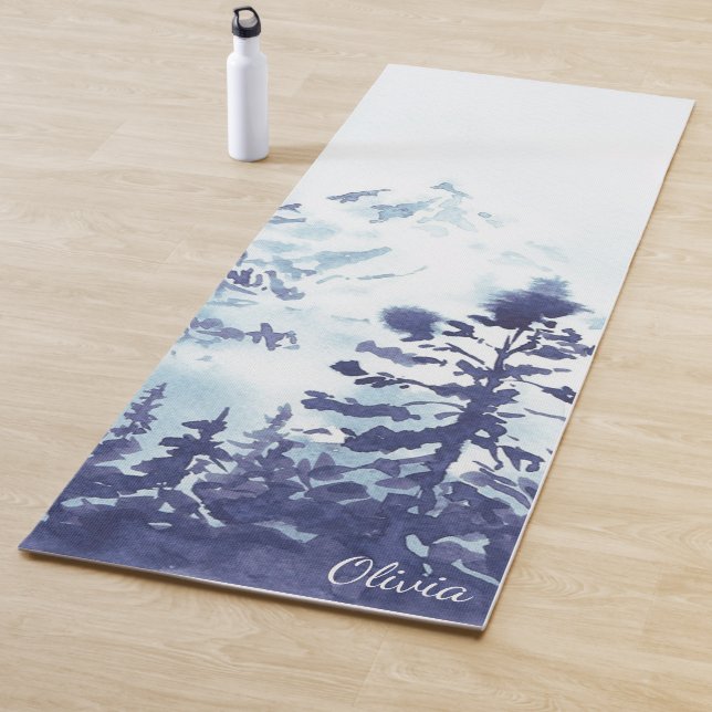 Rustic Mountain Trees Modern Trendy Watercolor Yoga Mat (In Situ)