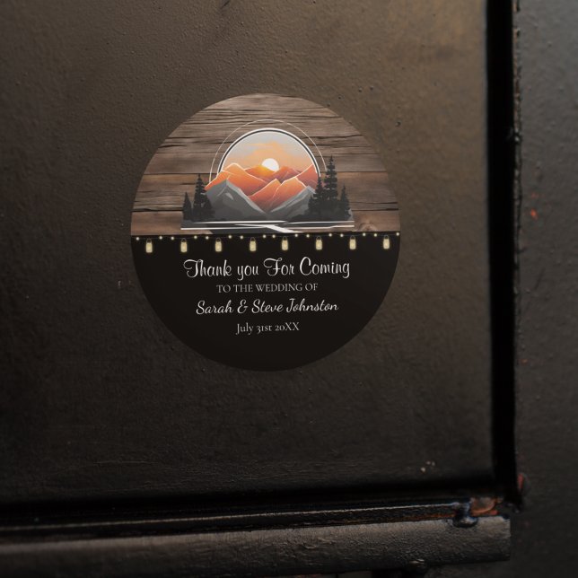 Rustic Mountain Valley Forest Sunset Wedding Favou Classic Round Sticker (Rustic Mountain Wedding Favor Sticker)