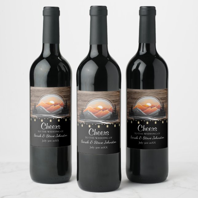 Rustic Mountain Valley Forest Sunset Wedding Favou Wine Label (Bottles)
