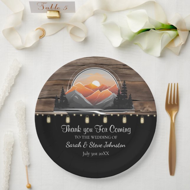 Rustic Mountain Valley Forest Sunset Wedding  Paper Plate (Wedding)