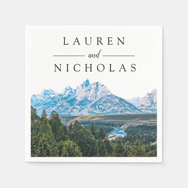 Rustic Mountain View Personalized Wedding Napkins (Front)