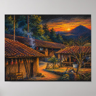 Rustic Mountain Village Sunset Coloured Pencil Pos Poster