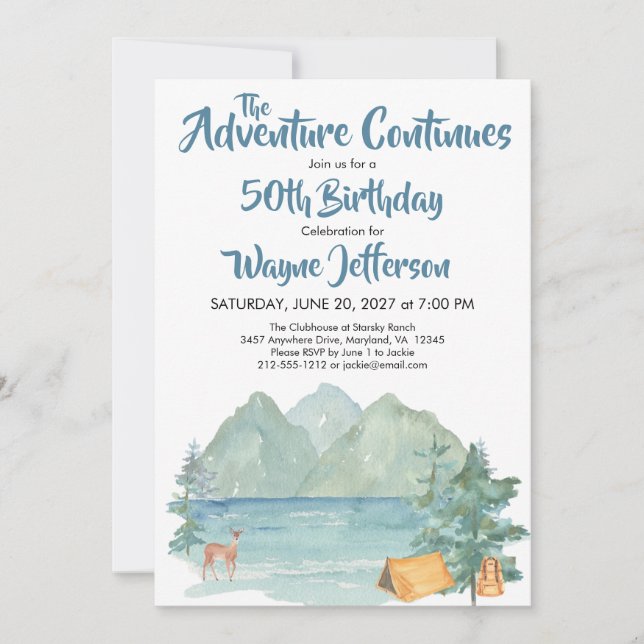 Rustic Mountain Watercolor Adventure 50th Birthday Invitation (Front)