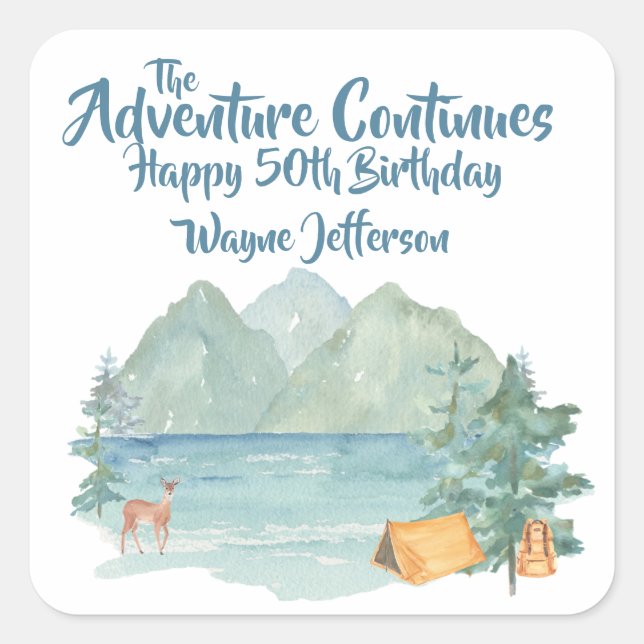 Rustic Mountain Watercolor Adventure 50th Birthday Square Sticker (Front)